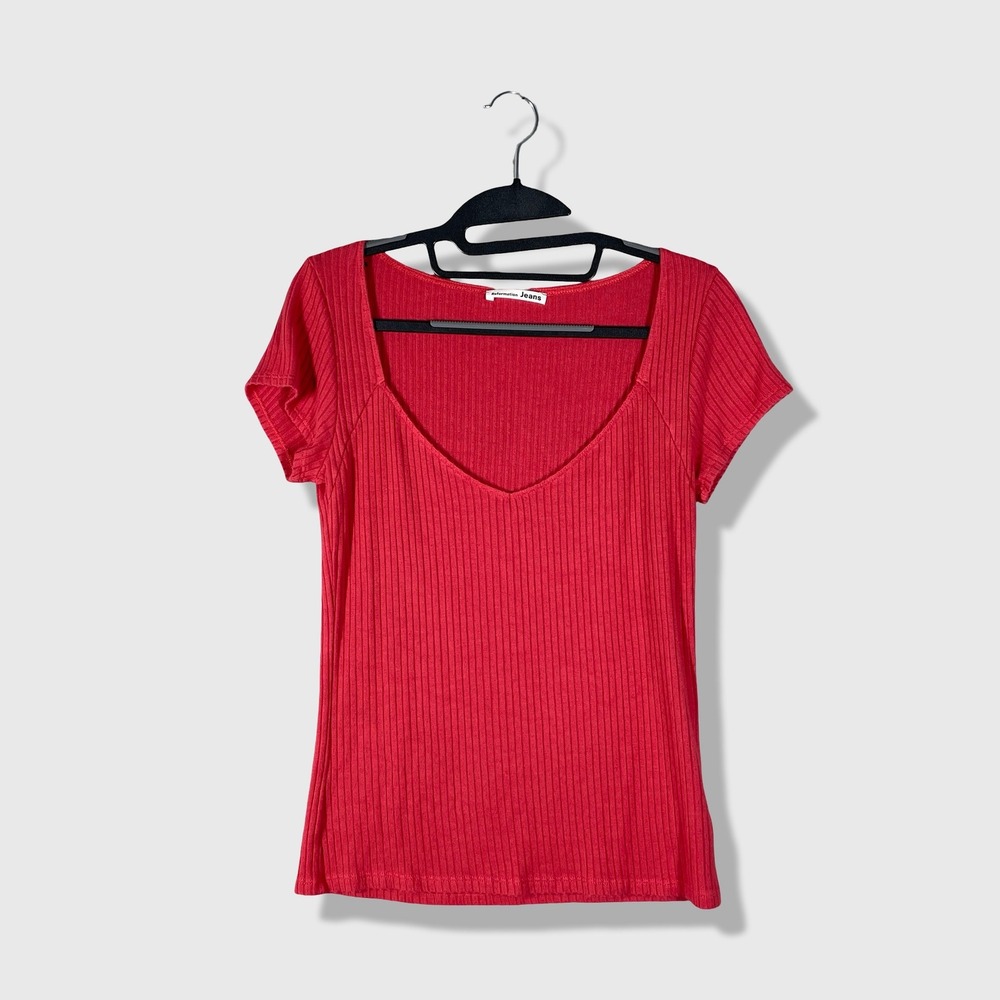 Reformation Jeans Ribbed V-Neck Tee Women Large Red Minimalist Basics